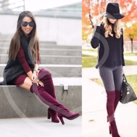 Burgundy Red Suede Over the Knee Boots - Picture 5 of 5